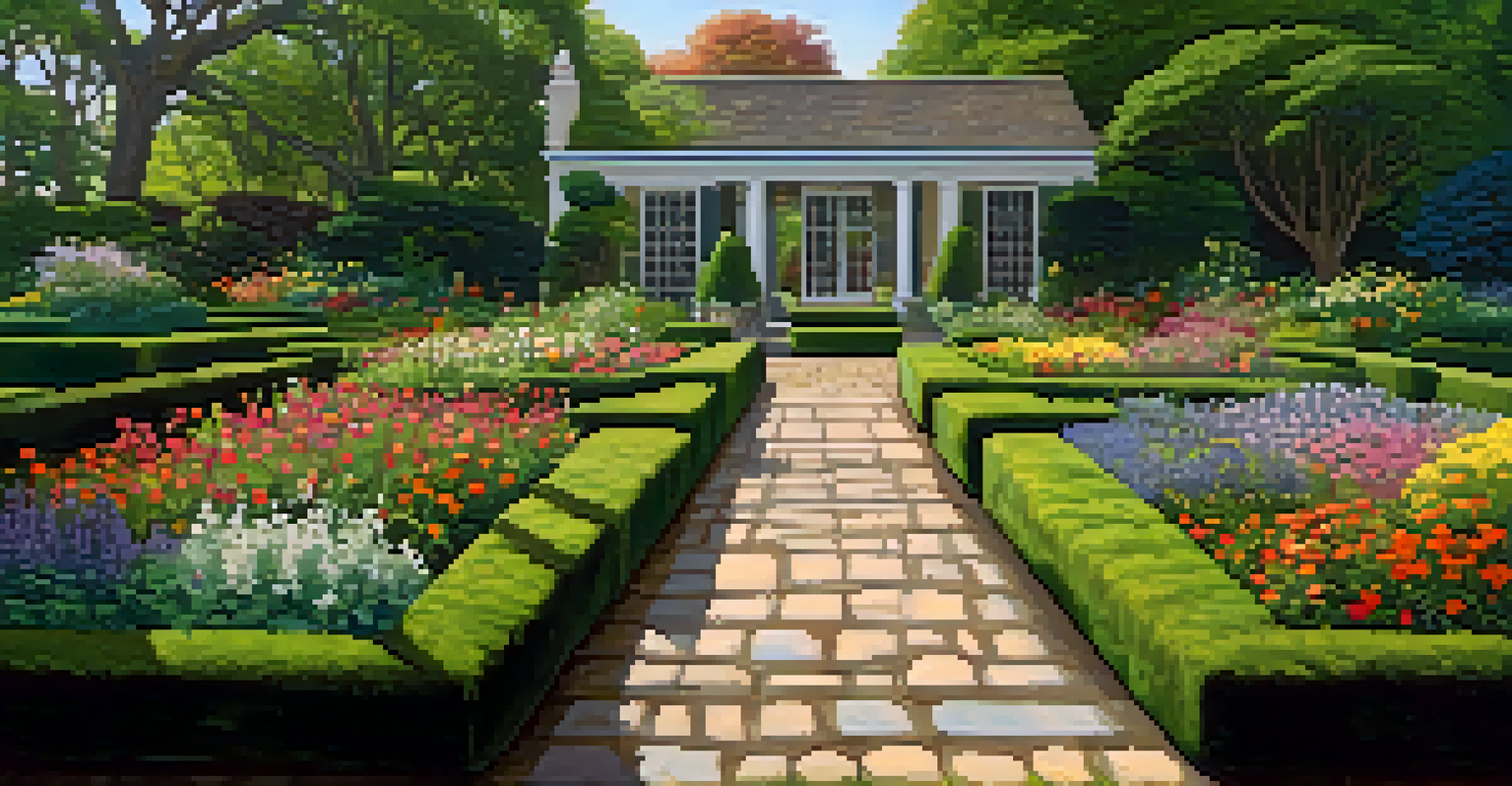 A tranquil garden surrounding Historic Rosedale, filled with colorful flowers and boxwood hedges.