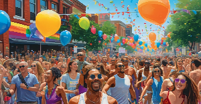 A lively crowd celebrating at the Charlotte Pride Festival with rainbow flags and colorful costumes.