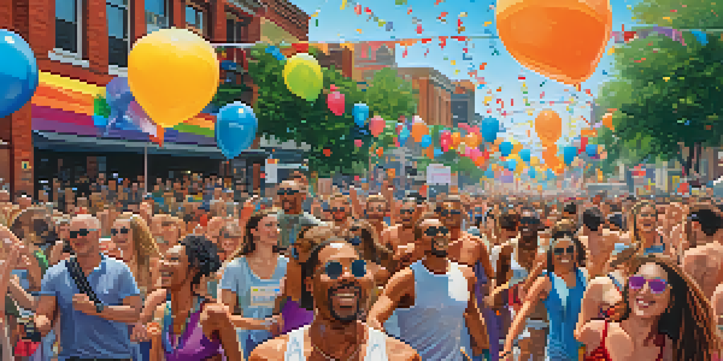 A lively crowd celebrating at the Charlotte Pride Festival with rainbow flags and colorful costumes.