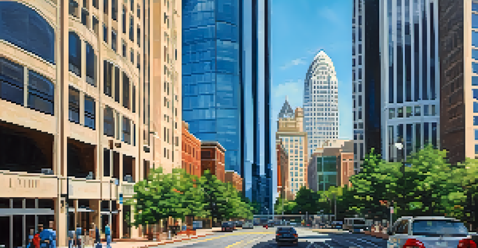 A panoramic view of downtown Charlotte, featuring modern skyscrapers, historic buildings, and a vibrant street scene.