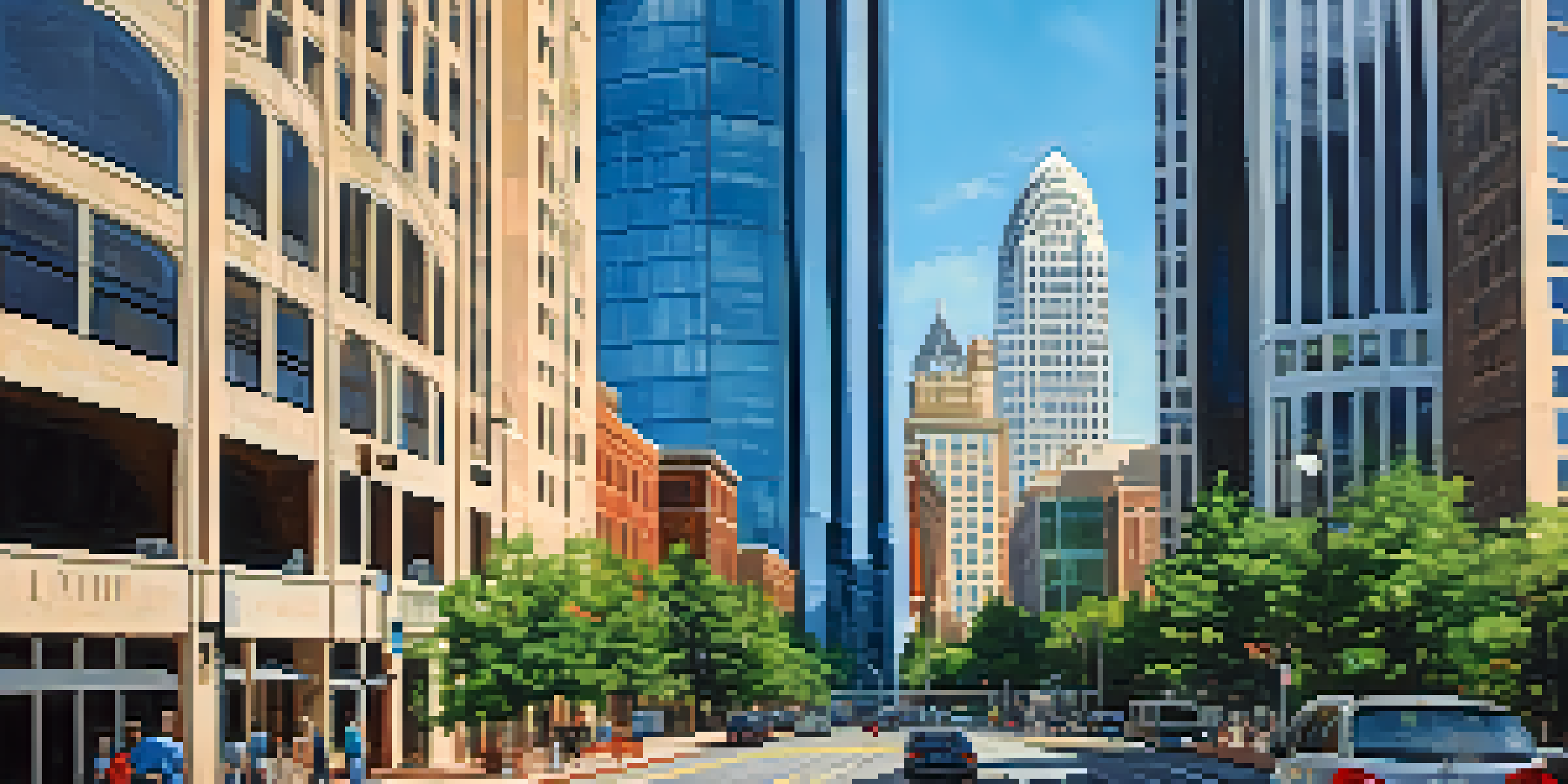 A panoramic view of downtown Charlotte, featuring modern skyscrapers, historic buildings, and a vibrant street scene.