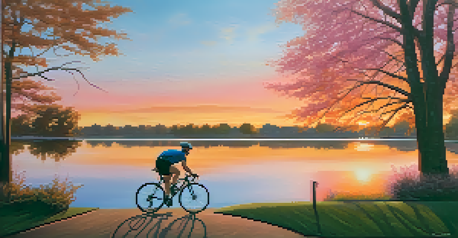 A cyclist riding through a park in Charlotte during sunset, with vibrant colors in the sky and calm waters in the background.