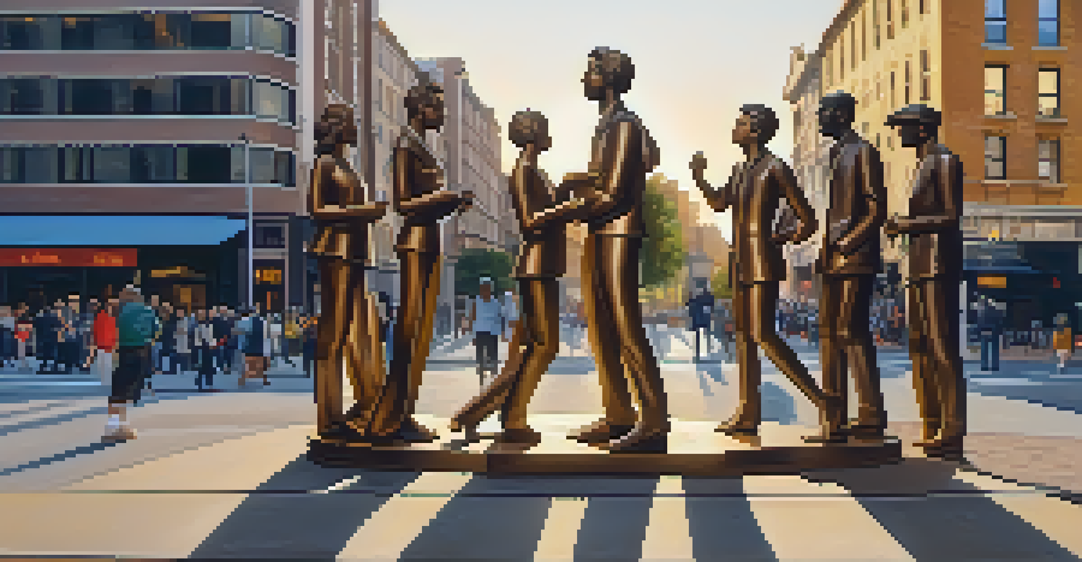 A close-up of a bronze sculpture symbolizing social change, highlighted by a sunset in an urban setting with people in the background.