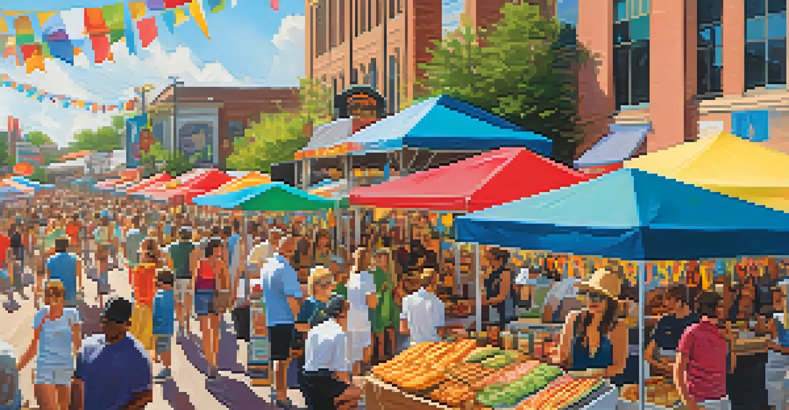 A lively food festival in Charlotte with people sampling various local dishes at colorful booths.