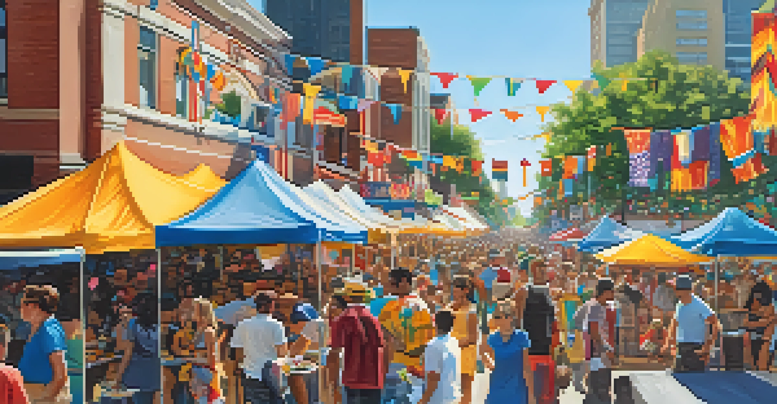 A vibrant street festival in Charlotte with diverse crowds, food stalls, and live performances, showcasing community spirit.