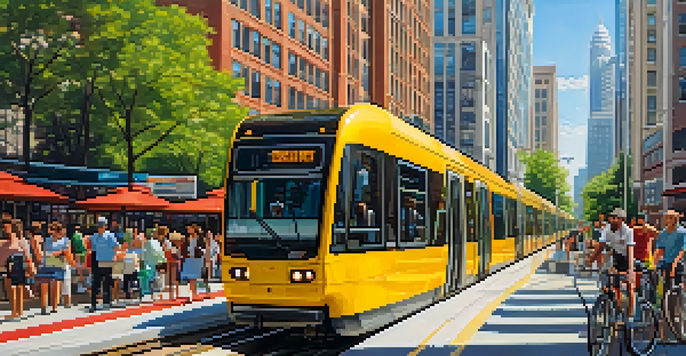 A lively urban environment in Charlotte with a light rail train, cyclists in bike lanes, and people using public transit.