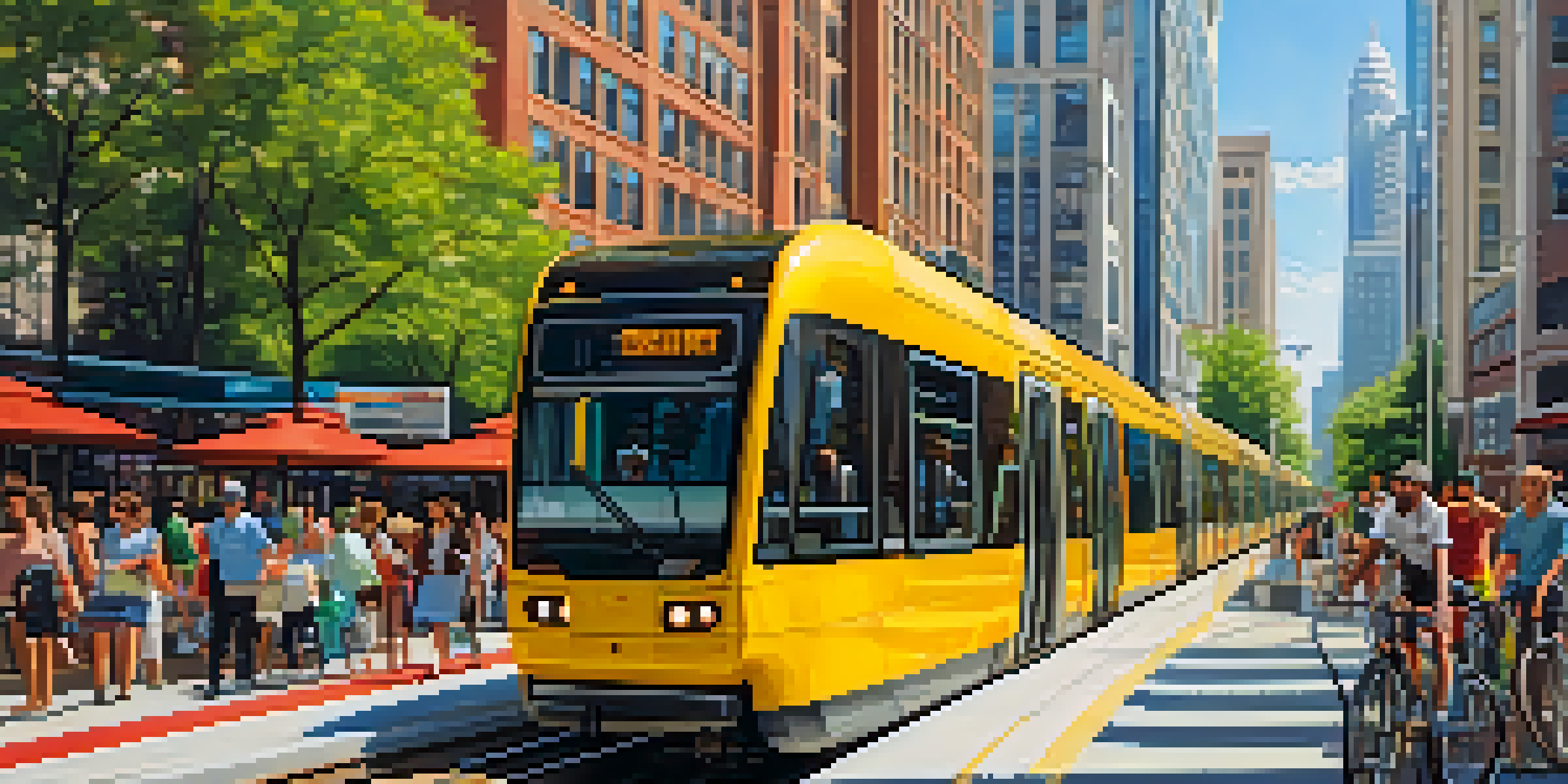 A lively urban environment in Charlotte with a light rail train, cyclists in bike lanes, and people using public transit.