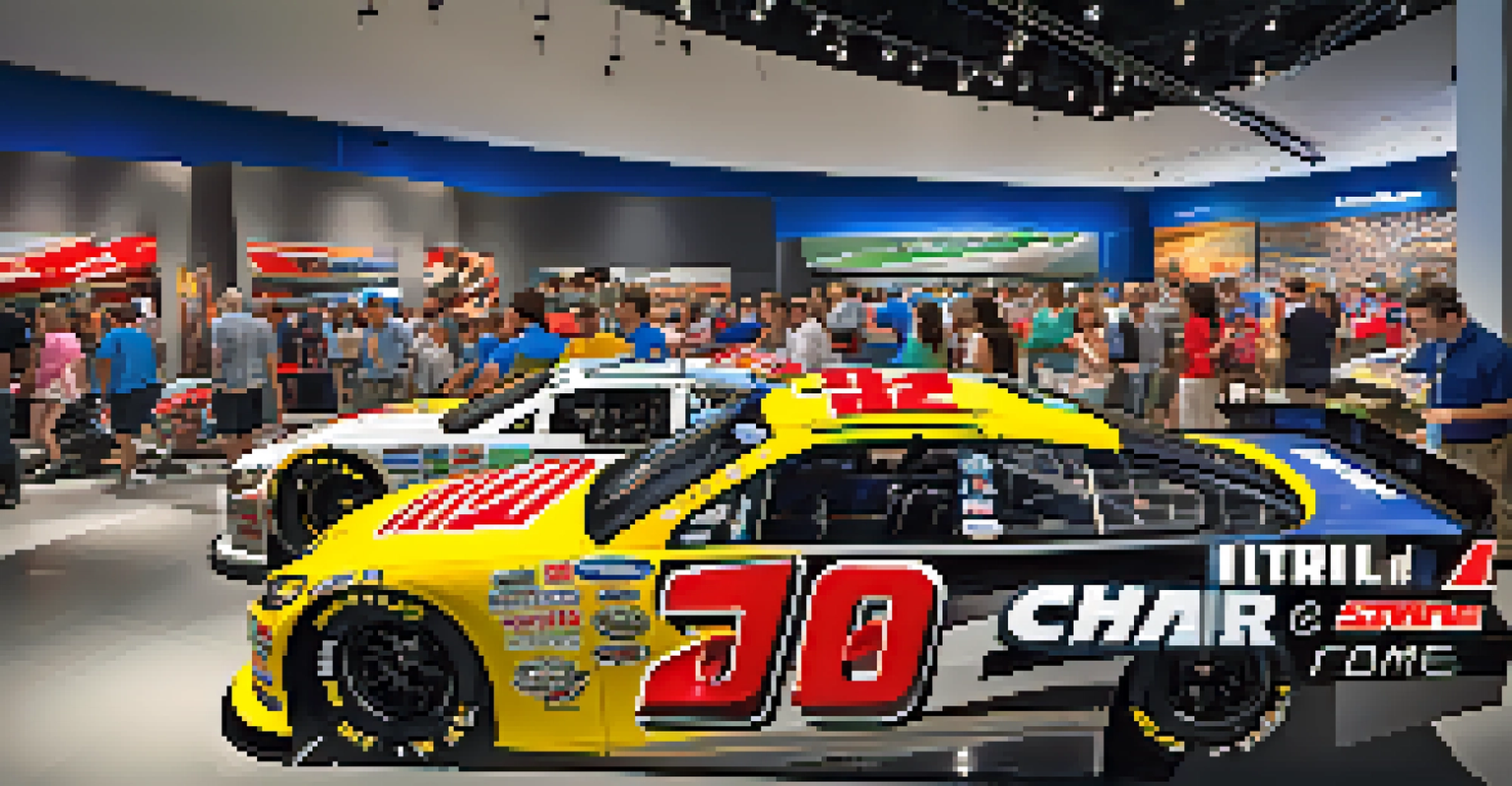 Fans exploring the interactive exhibits at the NASCAR Hall of Fame, surrounded by racing memorabilia.