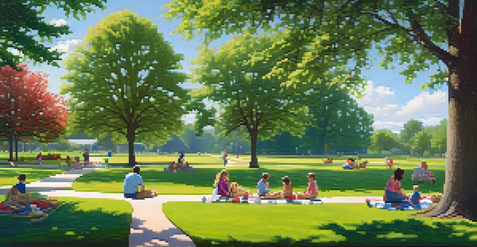 A peaceful park scene in Freedom Park, featuring a family having a picnic on a blanket surrounded by greenery and children playing frisbee.