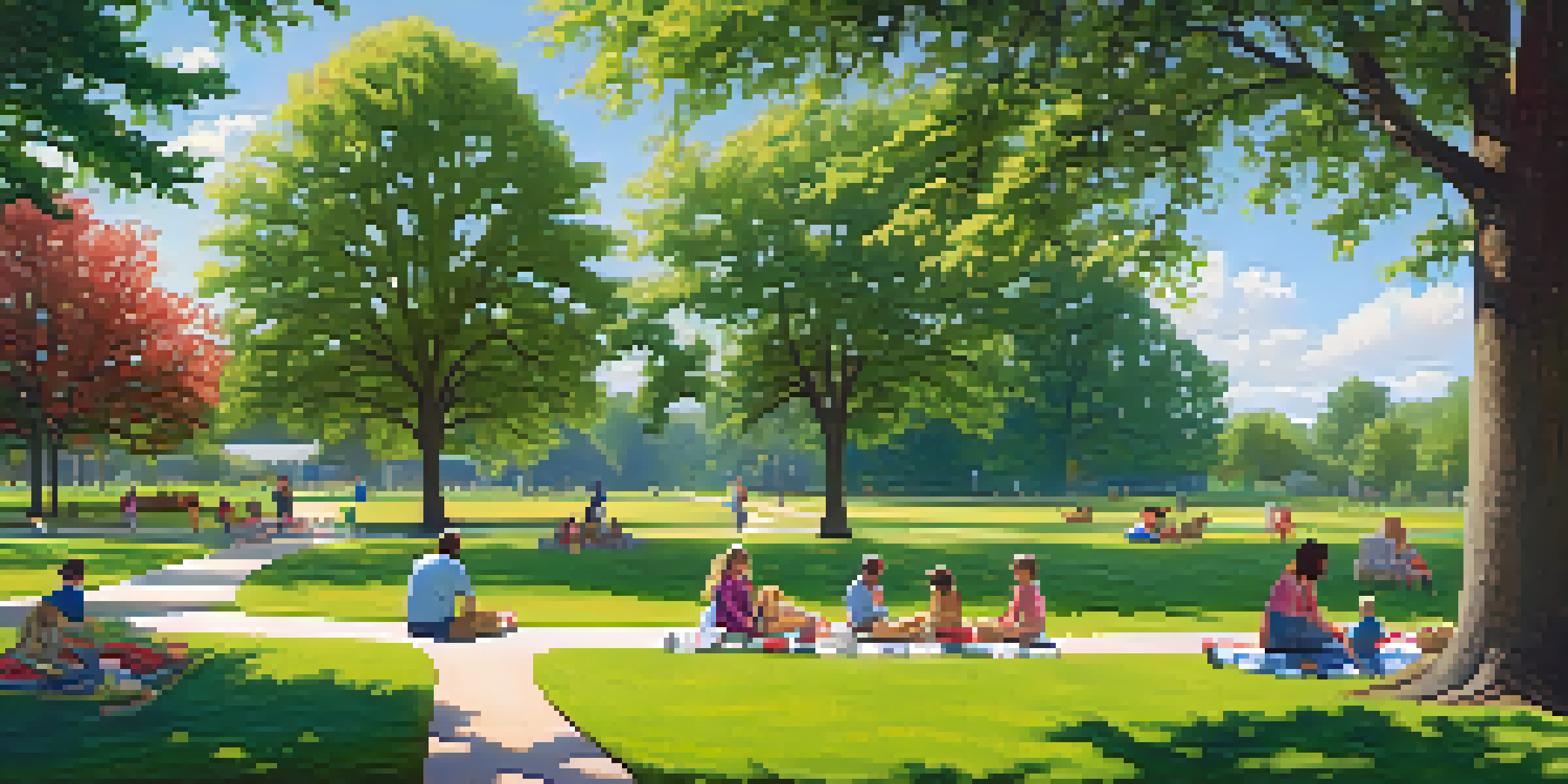 A peaceful park scene in Freedom Park, featuring a family having a picnic on a blanket surrounded by greenery and children playing frisbee.