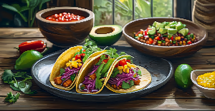 A colorful vegan taco dish with jackfruit, fresh toppings, and homemade salsa on a rustic wooden table, illuminated by natural sunlight.