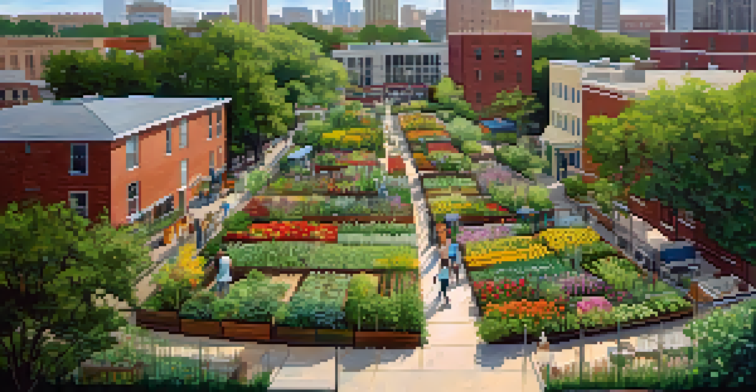 An aerial view of a community garden in Charlotte, filled with colorful flowers and vegetables, with residents tending to it amidst urban buildings.