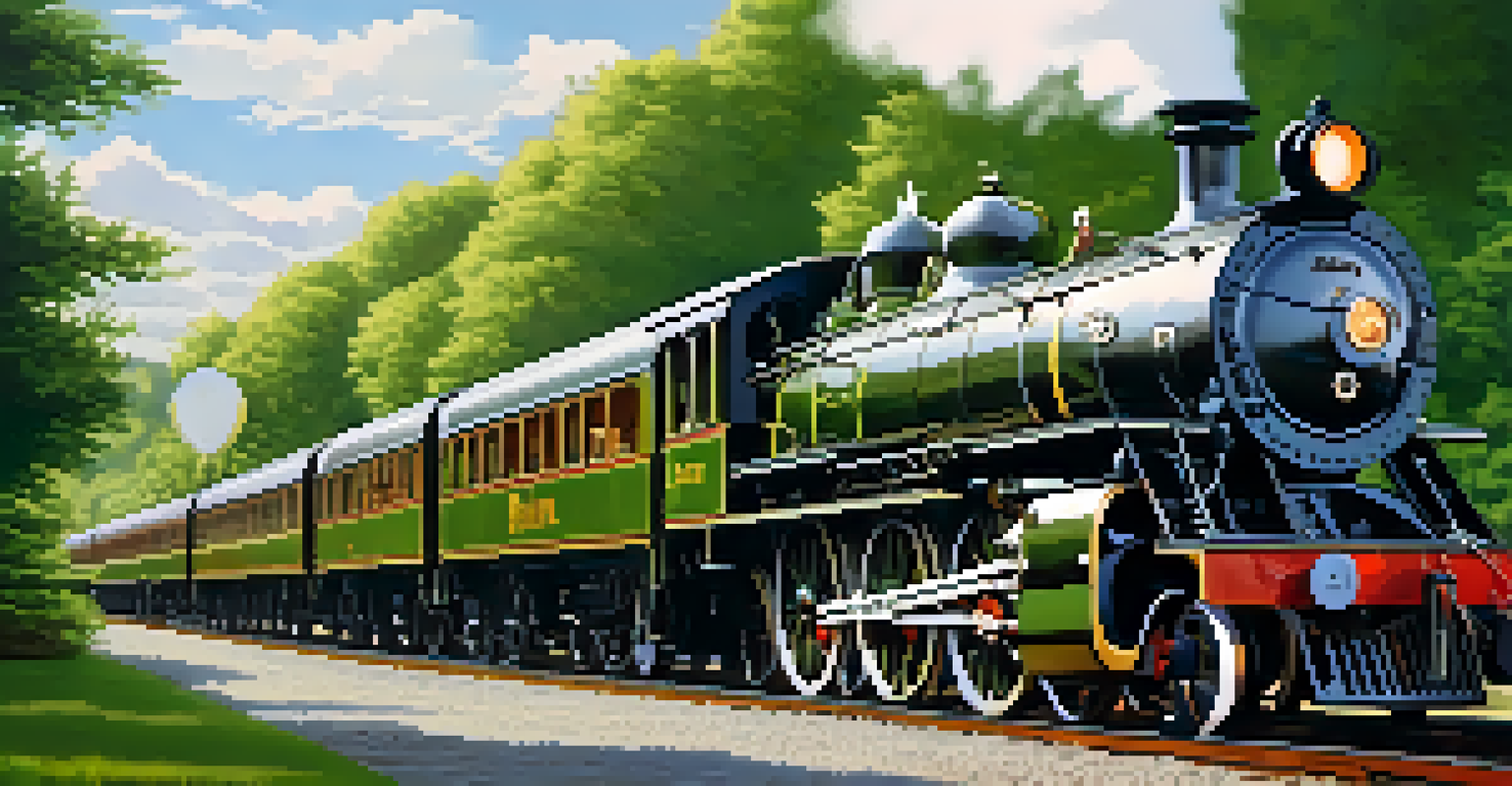 A close-up of a vintage steam locomotive at an old train station in Charlotte, with steam and greenery around.
