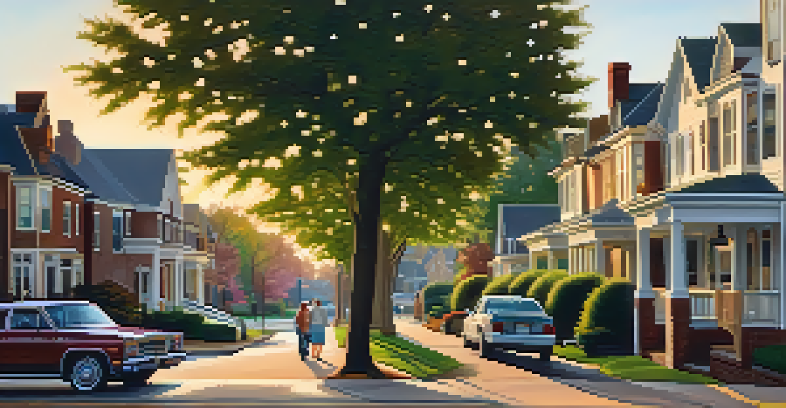 A peaceful neighborhood in Charlotte with seniors walking together along a tree-lined street.