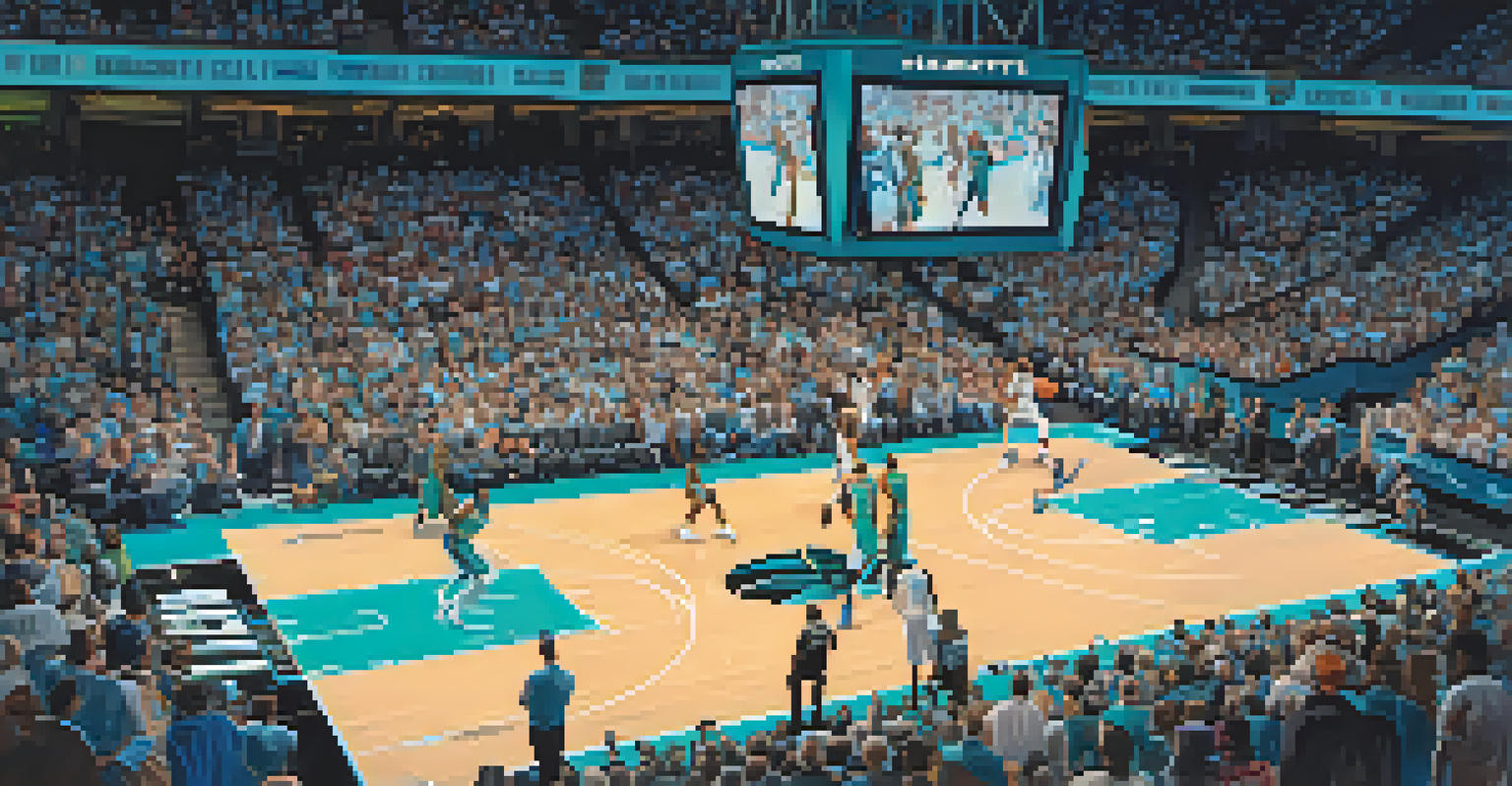 Charlotte Hornets basketball players in action during a game at Spectrum Center, with fans cheering in the background.