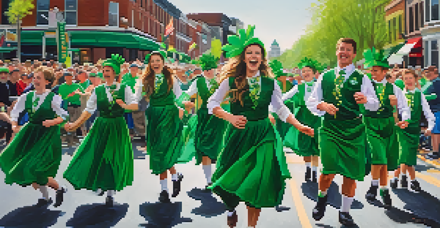 Participants in green costumes dancing at a St. Patrick's Day Parade, surrounded by families celebrating the festive occasion.