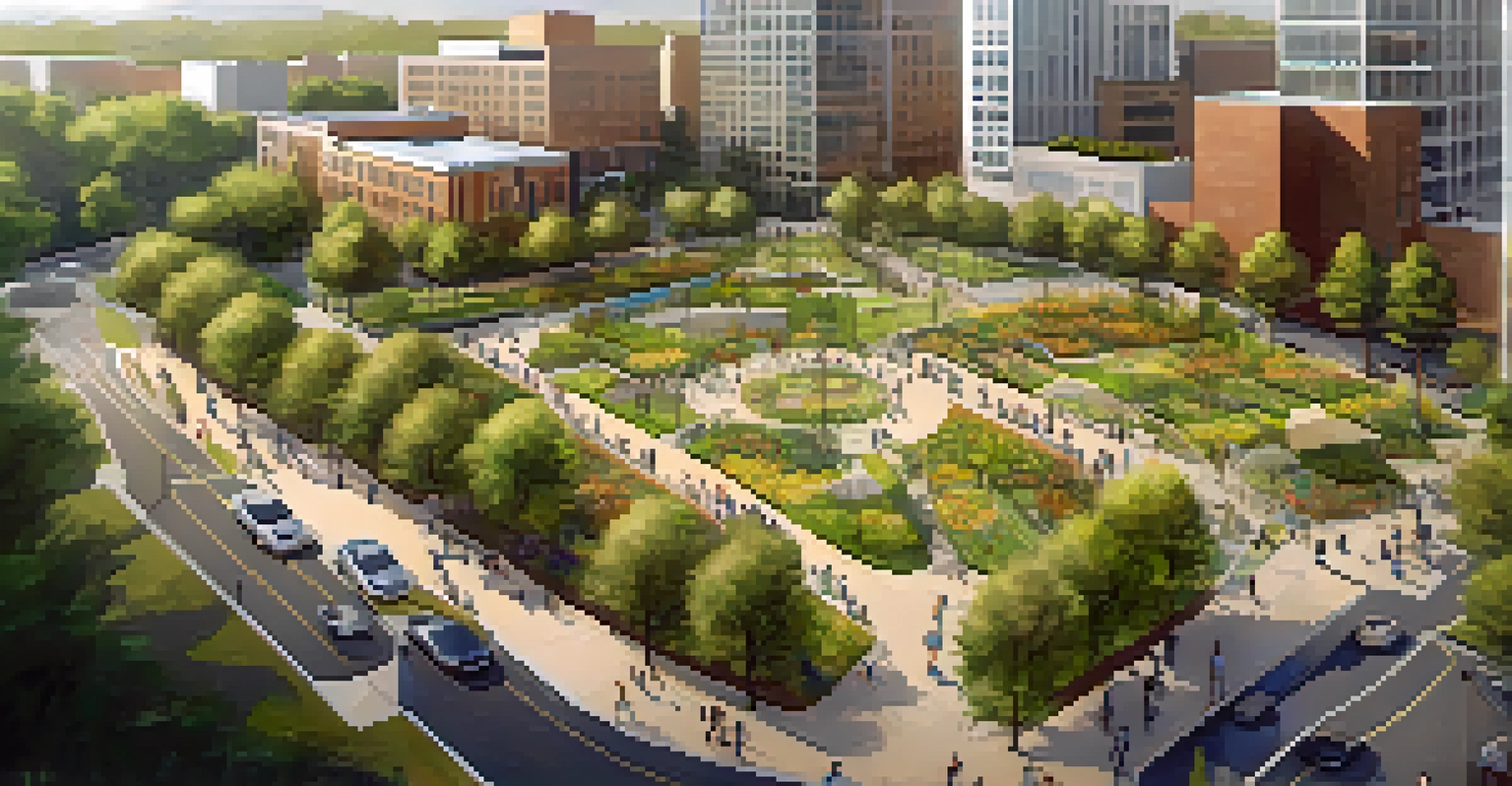 An aerial view of a sustainable urban park with green spaces and people enjoying outdoor activities in Charlotte.