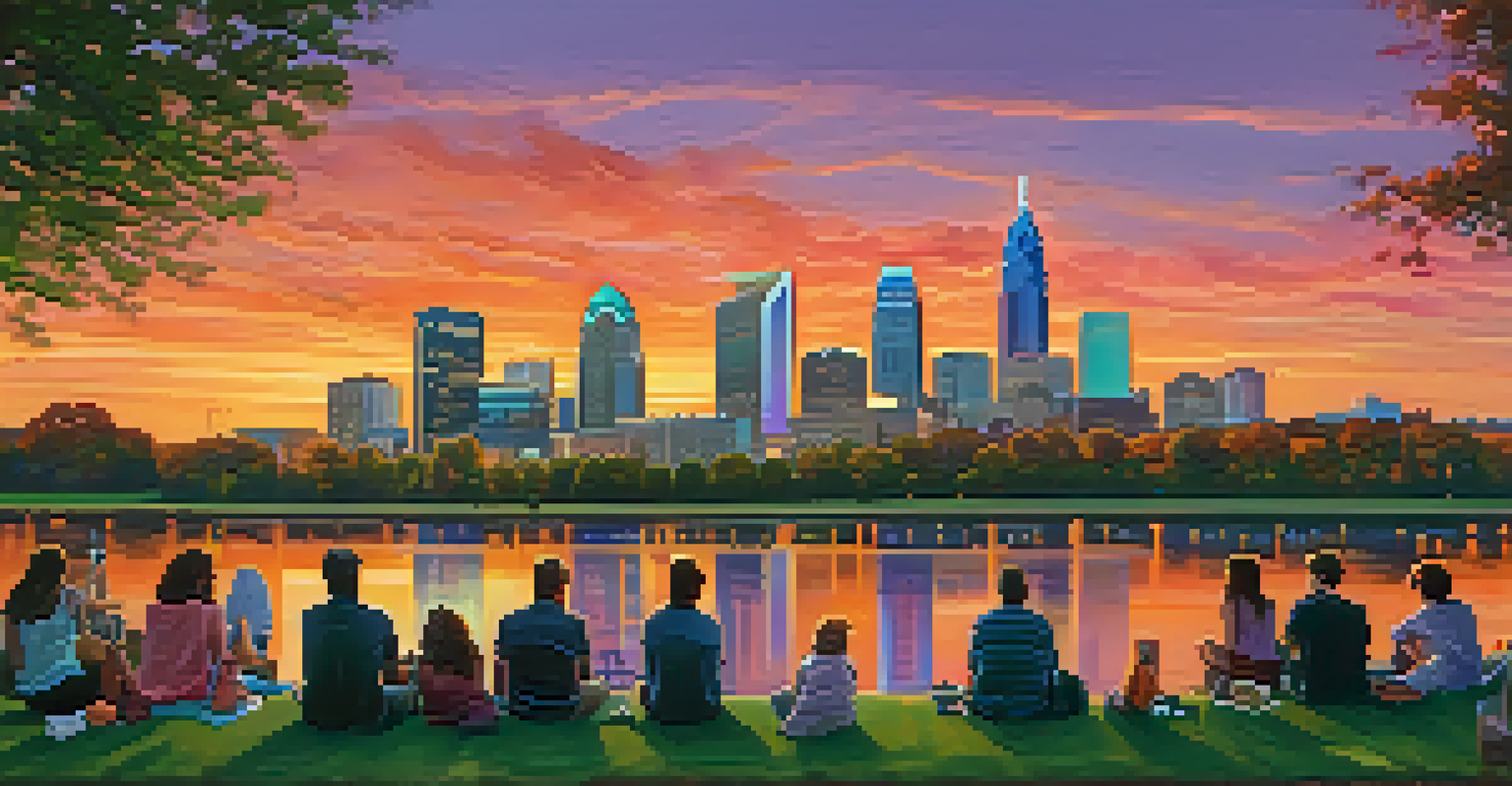 A sunset view of Charlotte's skyline with influencers capturing the moment, showcasing a vibrant urban atmosphere.