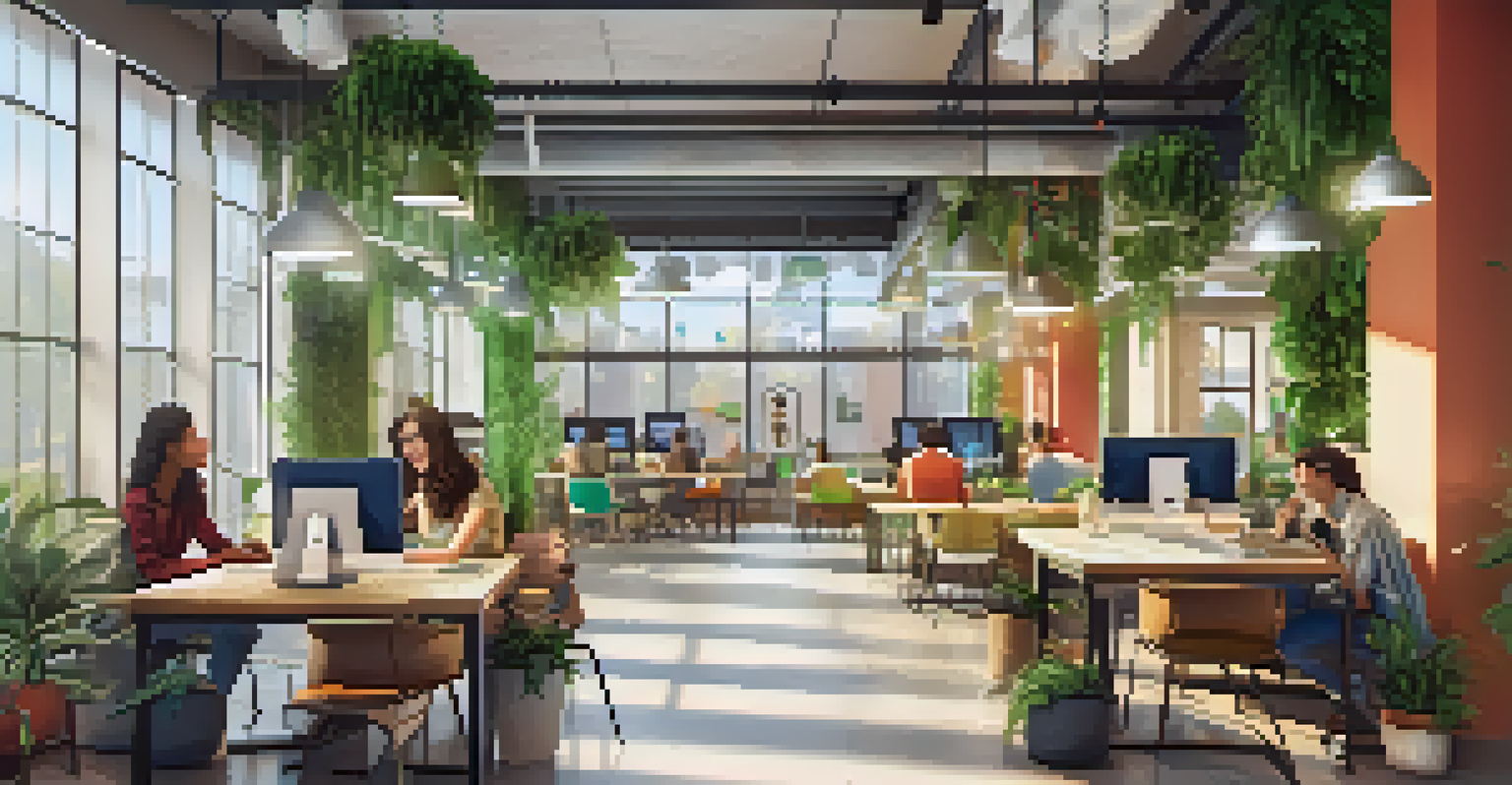 A bright and modern co-working space in Charlotte where young professionals are collaborating and working on laptops.