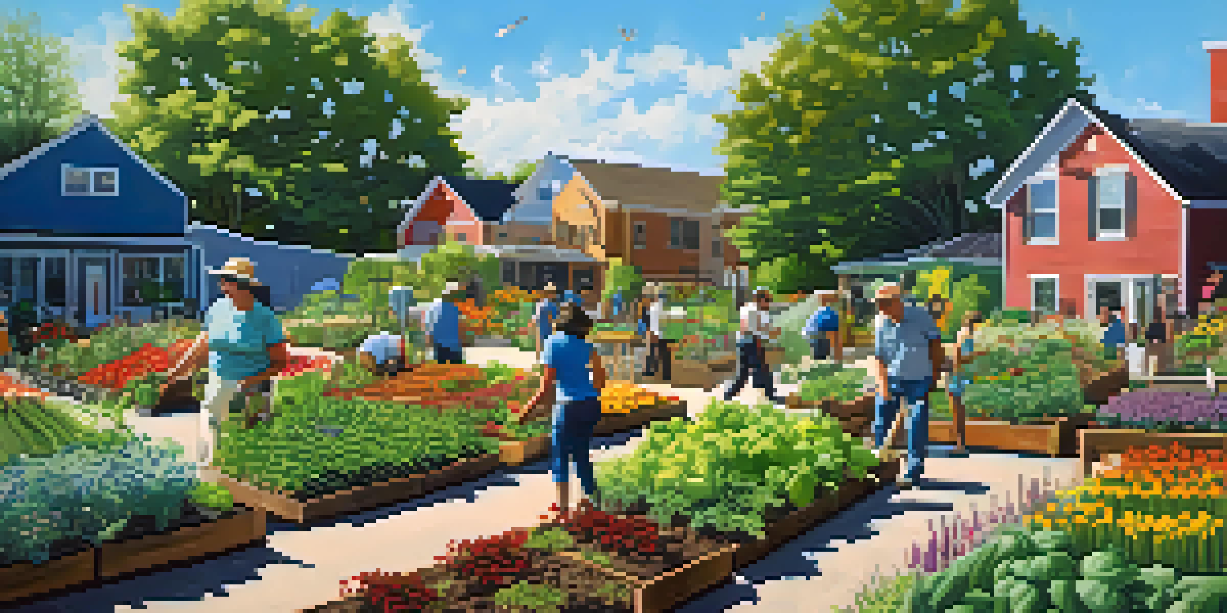 A diverse group of people working in a community garden, planting vegetables and flowers under a sunny sky.