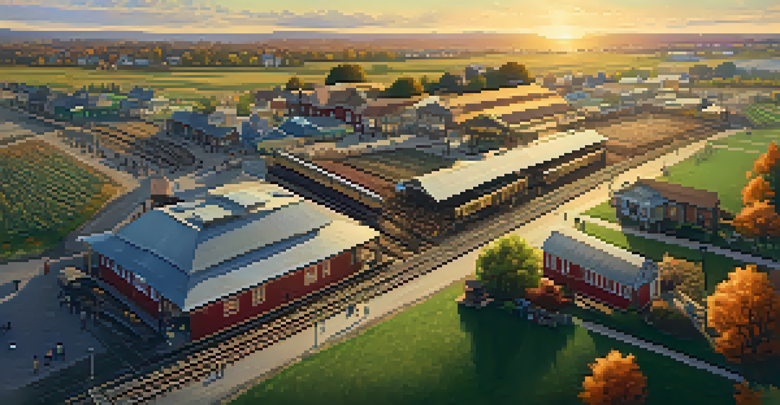An aerial view of a community connected by railroads, featuring fields, a marketplace, and families at a train station.