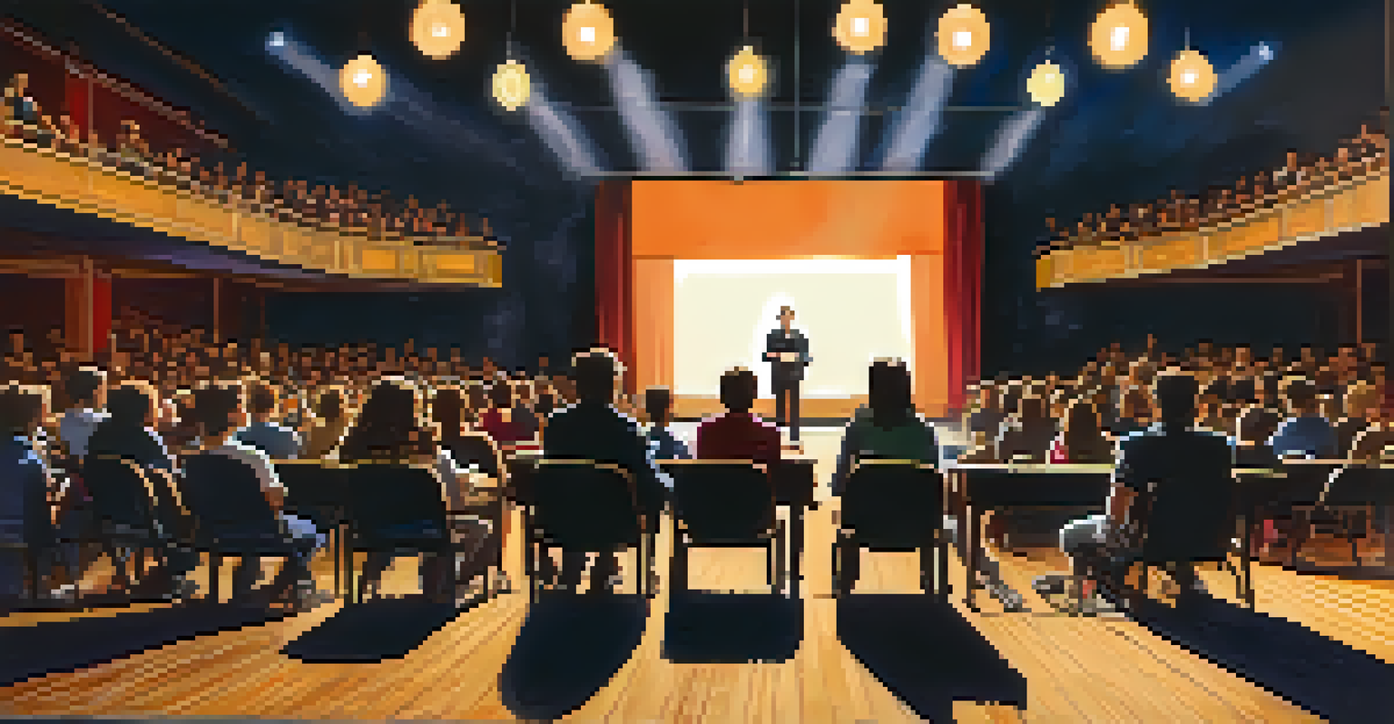 An audition scene in a community theater with a young actor performing and judges observing.