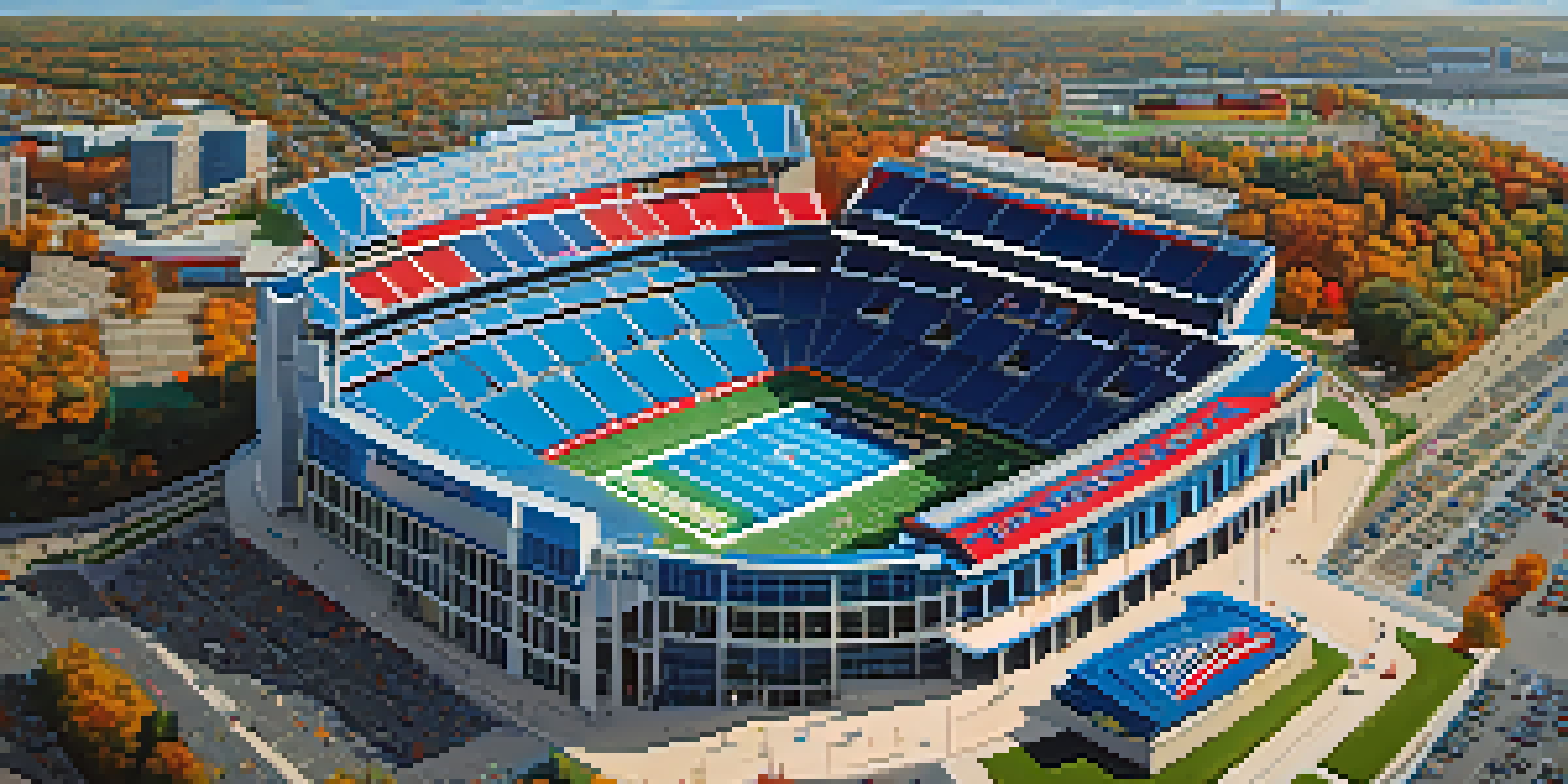A panoramic view of Bank of America Stadium with excited football fans in team colors under a clear blue sky.