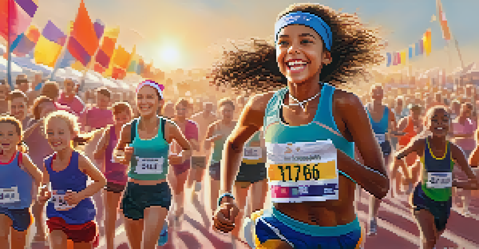 A young girl crossing the finish line of a running event, smiling with supportive spectators in the background.