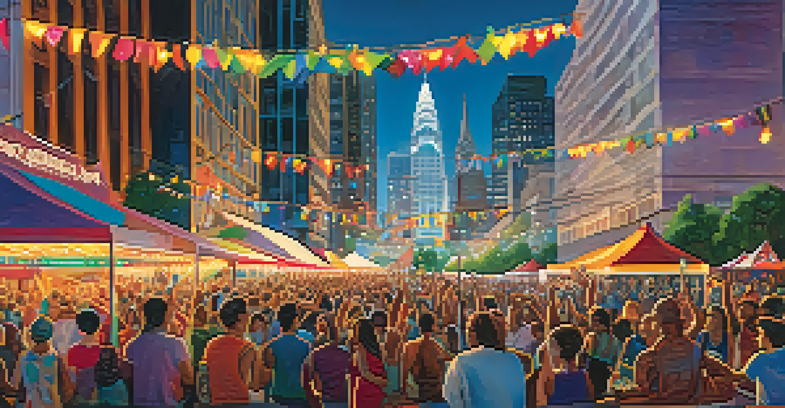 An outdoor music festival in Charlotte with musicians performing on stage and a diverse audience enjoying the show.