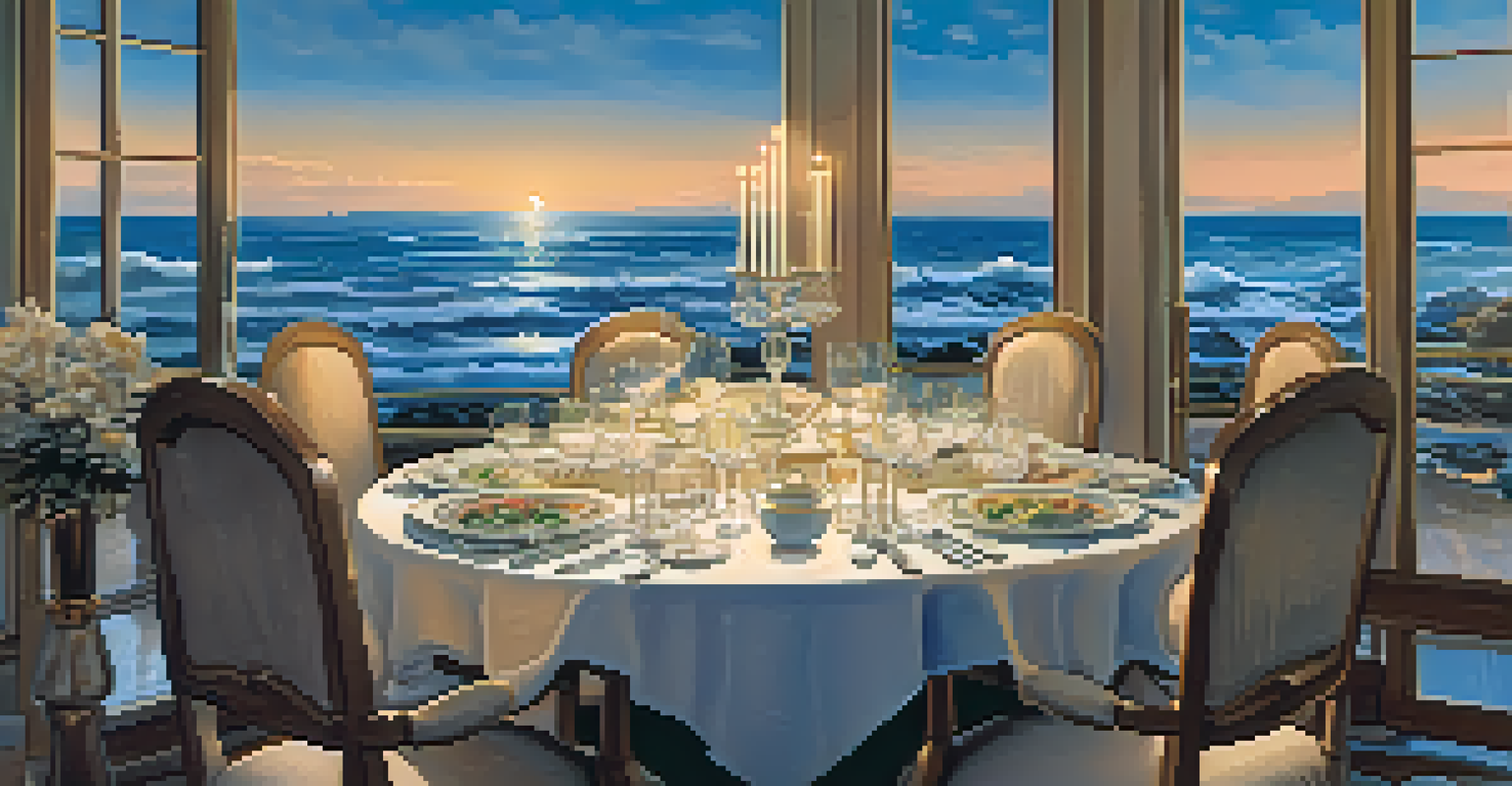 An elegant restaurant table set for seafood dining, with ocean views and candlelight ambiance.