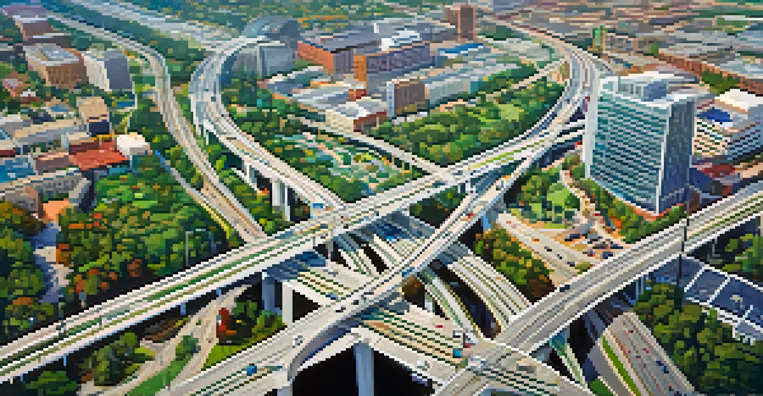 Aerial view of Charlotte showcasing highways, light rail, and green spaces all integrated into the urban landscape.