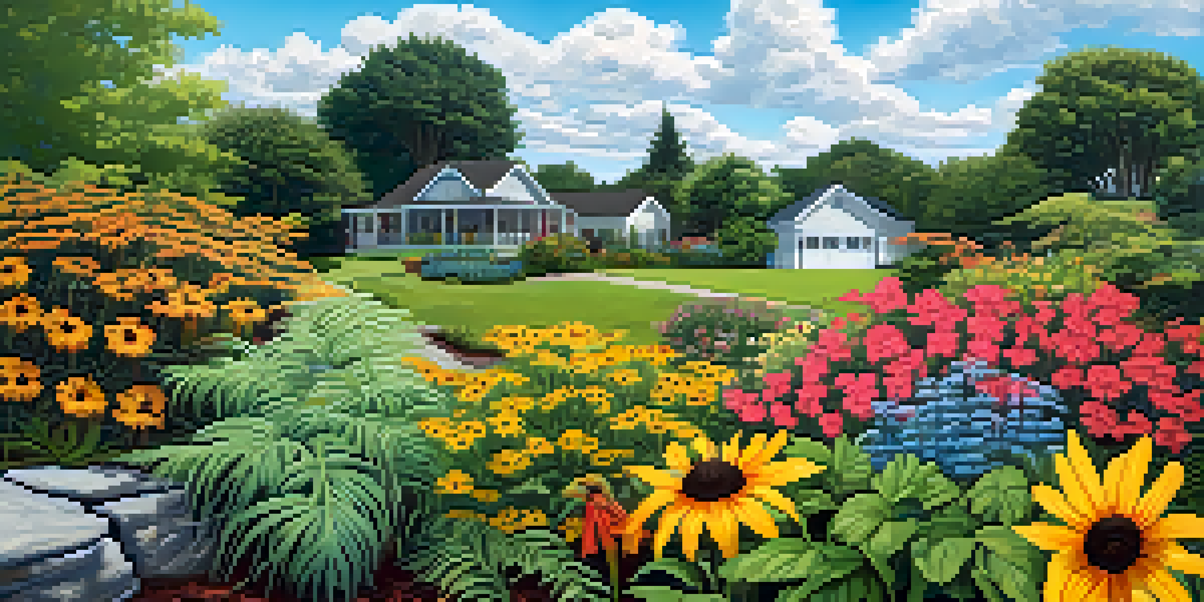 A colorful garden filled with native plants and tropical flowers, under a sunny blue sky.