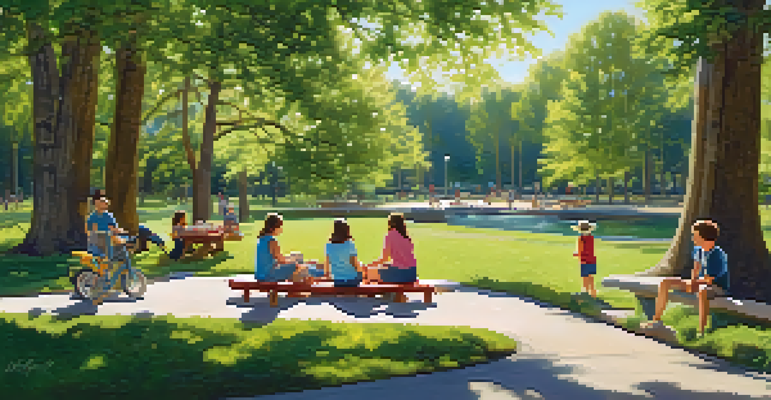 A family enjoying a day at McAlpine Creek Park, with children playing and a creek flowing nearby, under the sunlight.