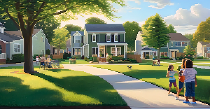 A peaceful suburban neighborhood with modern homes, green lawns, and families enjoying outdoor activities.