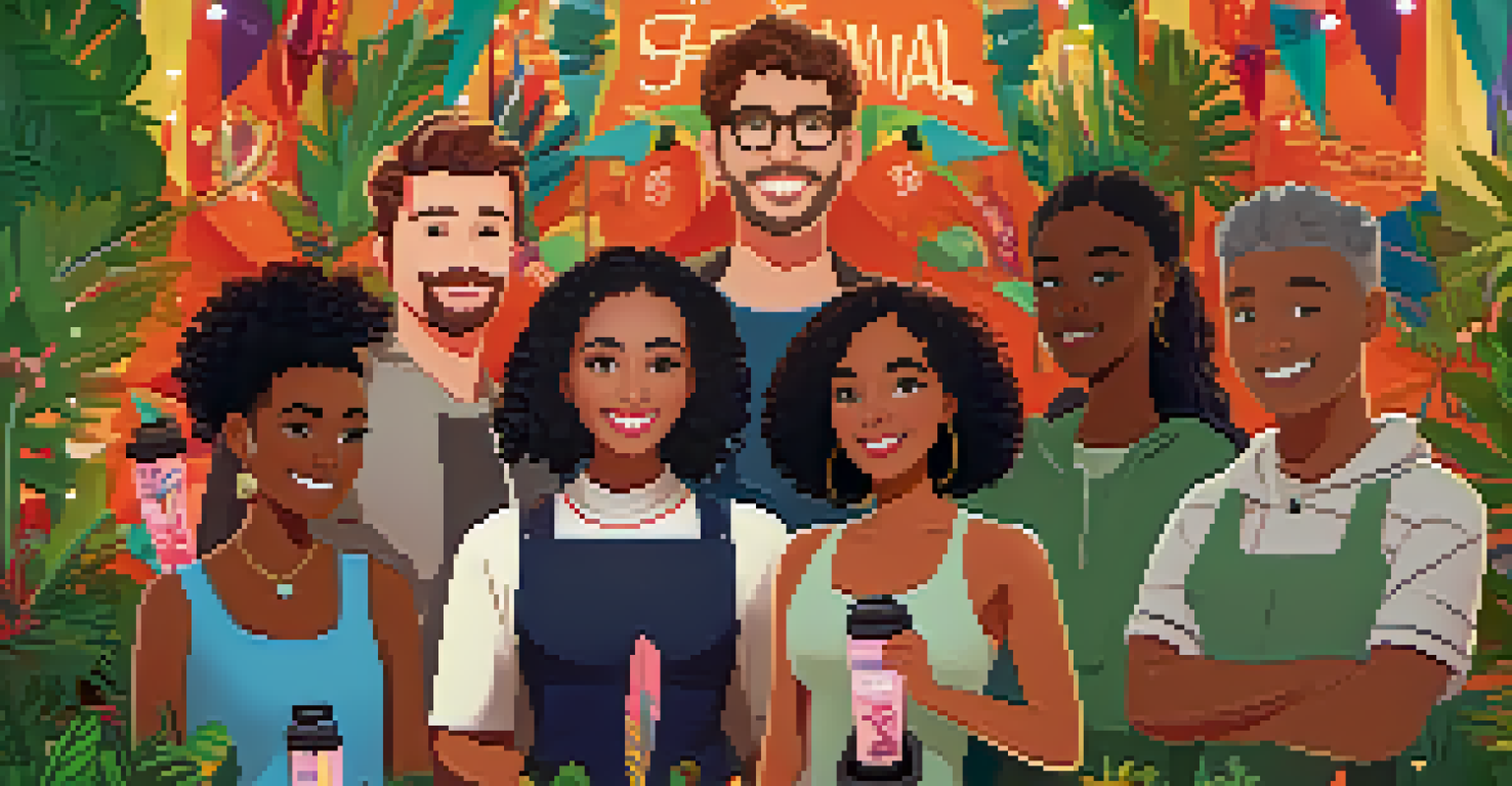 A diverse group of filmmakers proudly holding their awards in front of a festival backdrop, showcasing a vibrant and festive atmosphere.