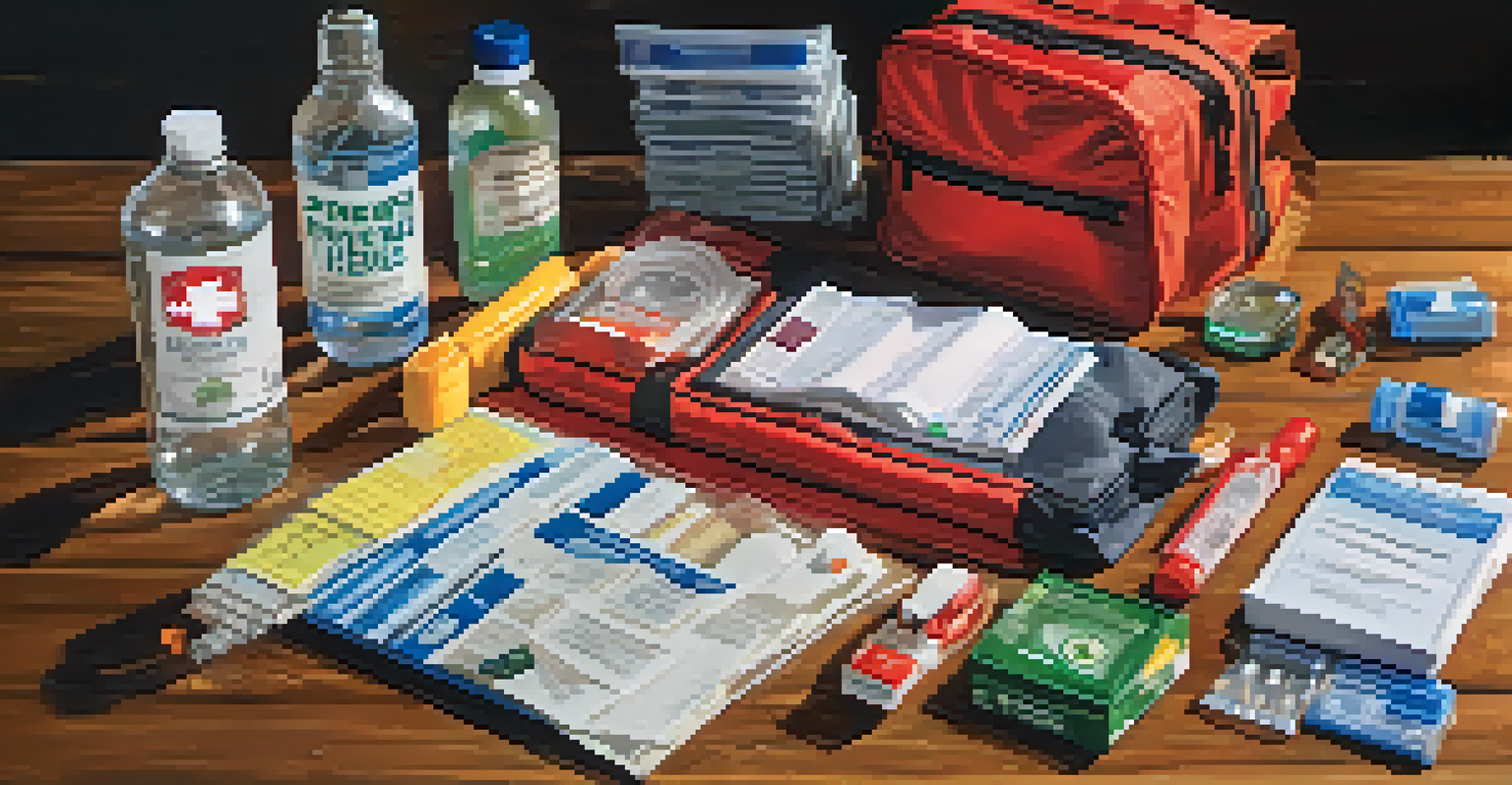 Emergency preparedness kit displaying essential items like water, food, first aid kit, and documents on a wooden table.