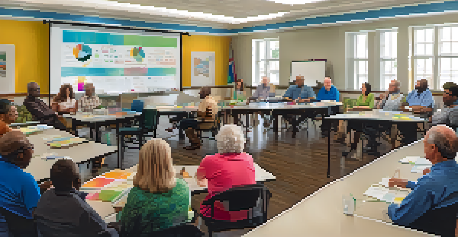 Residents participating in a local government meeting, discussing issues with presentations displayed, in a well-lit community room.