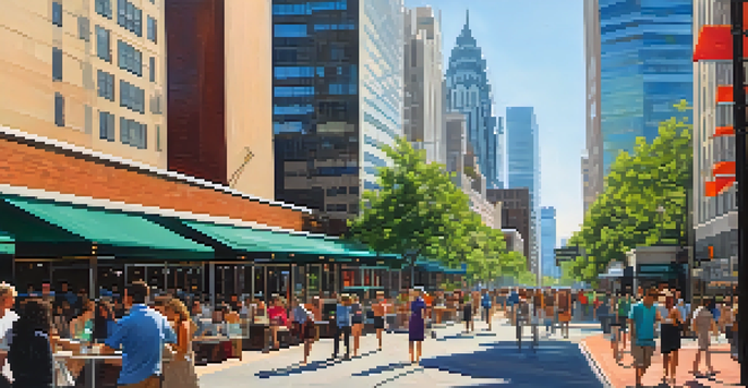 A lively urban street in Charlotte with modern skyscrapers, people walking, and trees lining the sidewalks.