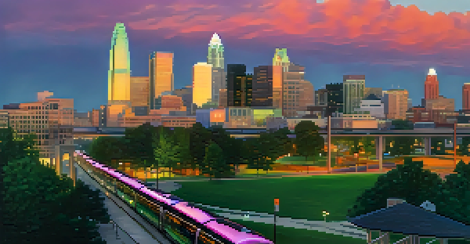 A sunset view of Charlotte's skyline with modern buildings and light rail trains, surrounded by greenery.