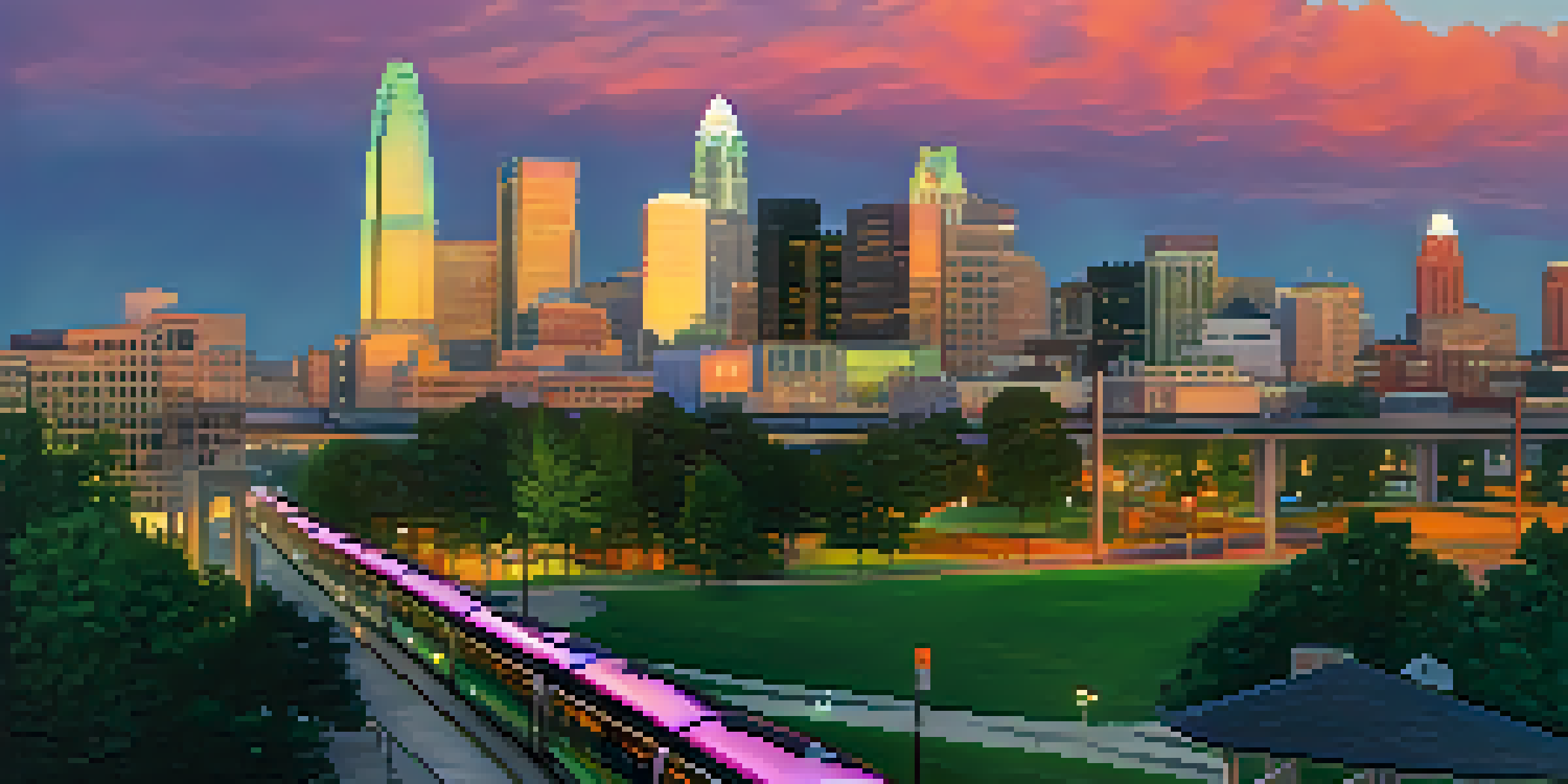 A sunset view of Charlotte's skyline with modern buildings and light rail trains, surrounded by greenery.