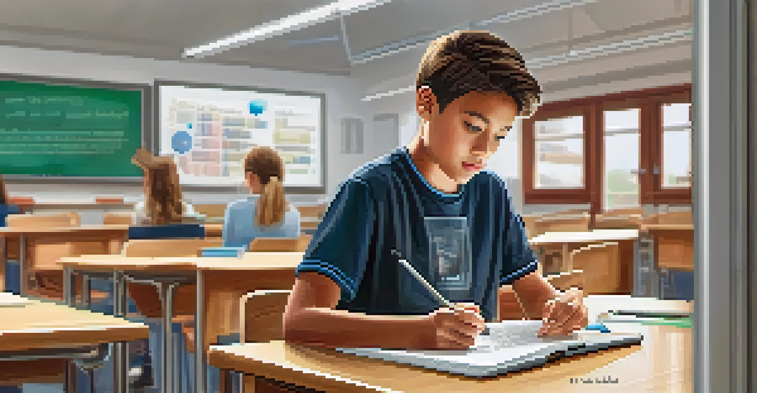 A student intently using a tablet in a modern classroom, with educational content visible on the screen and a well-organized learning environment in the background.