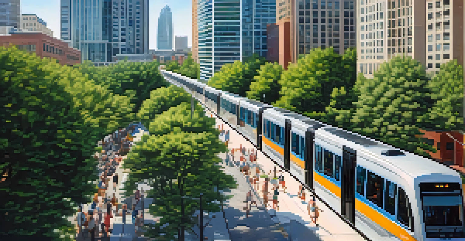 An aerial view of a light rail train in Charlotte with pedestrians and cyclists along a busy street, surrounded by modern buildings.