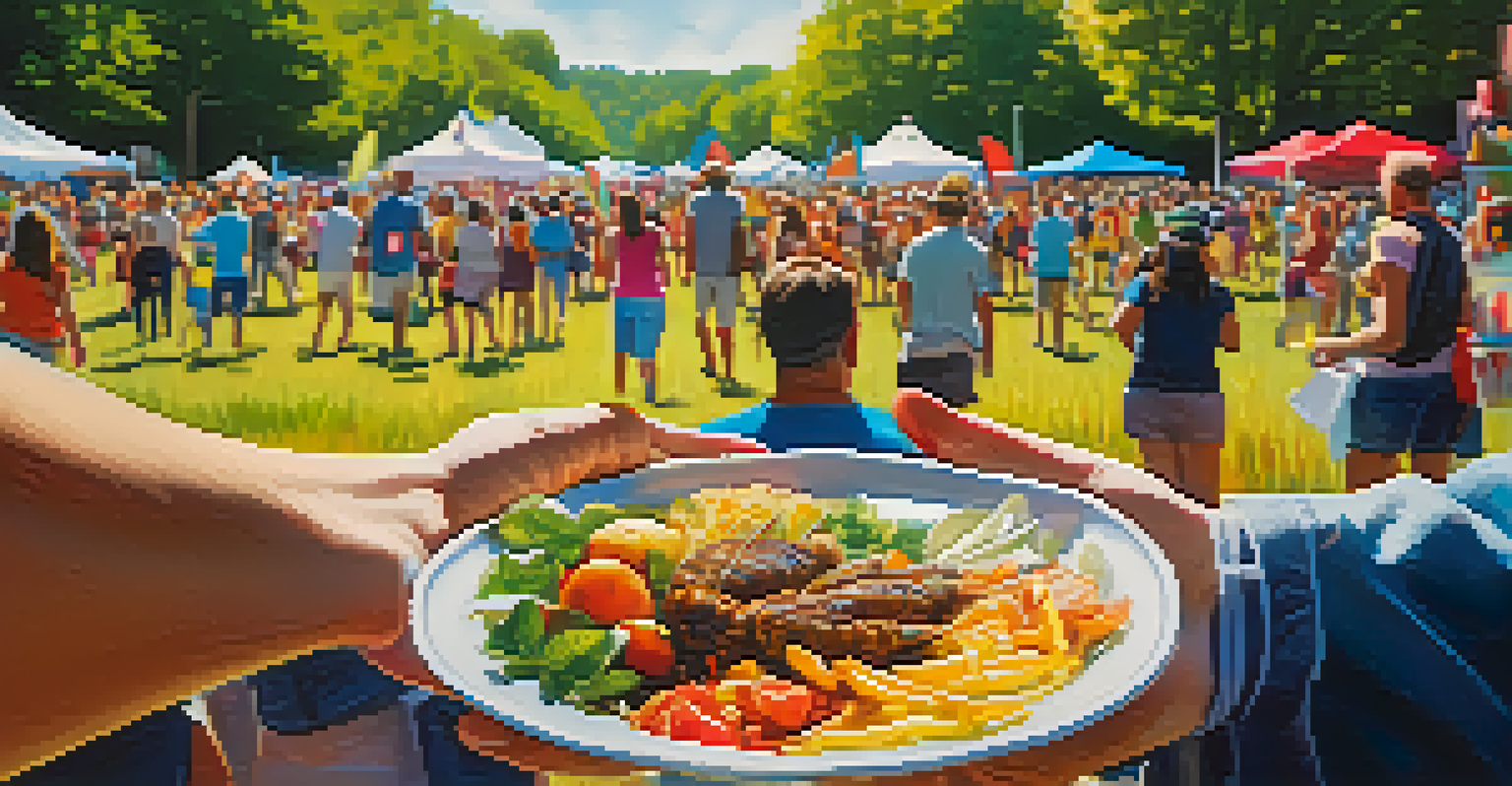 A close-up of a festival-goer's hands holding a colorful plate of local cuisine at a Charlotte music festival with a lively background.