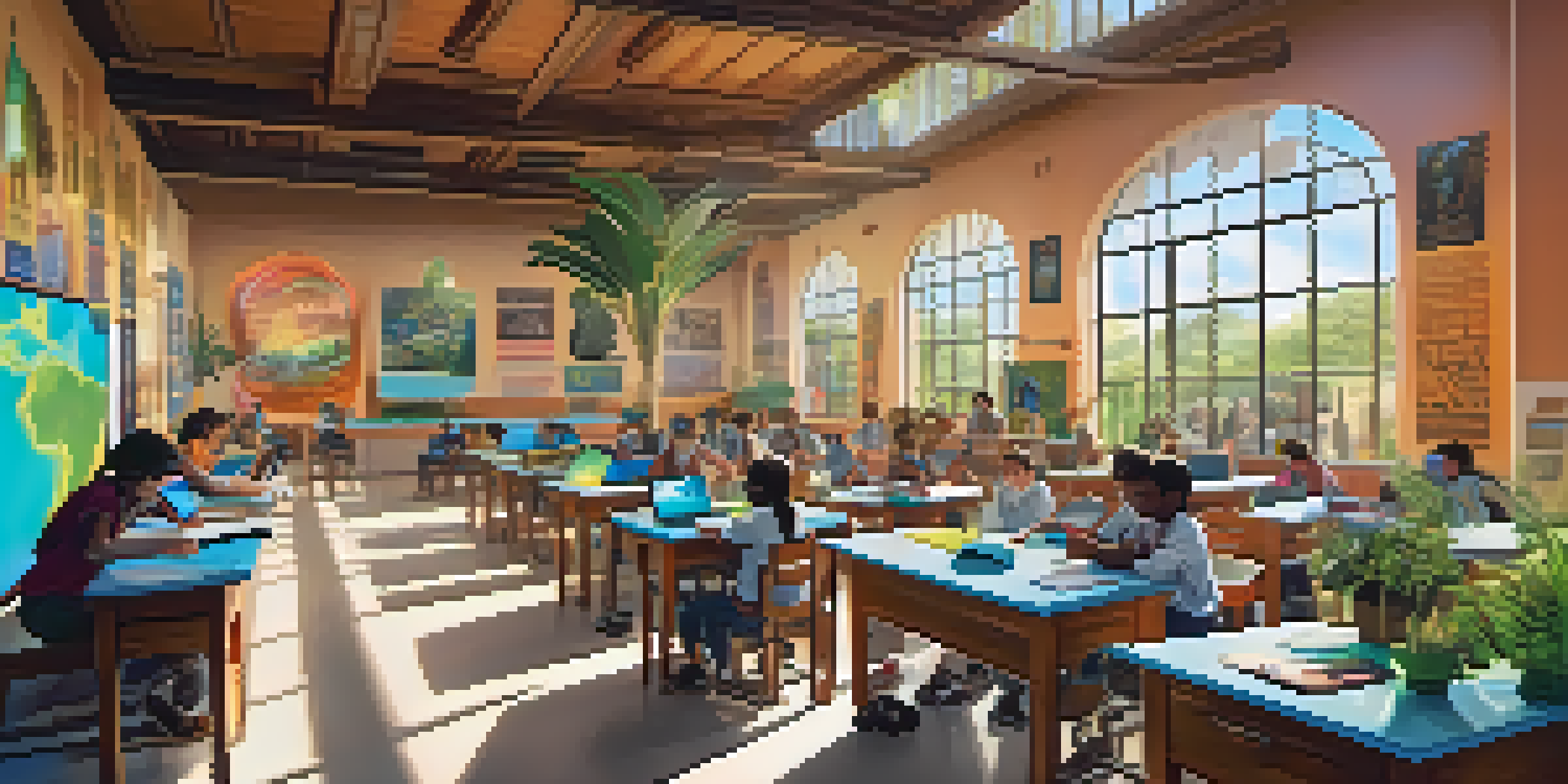 A futuristic classroom where students explore an ancient civilization using virtual reality headsets, with colorful decorations and natural light.