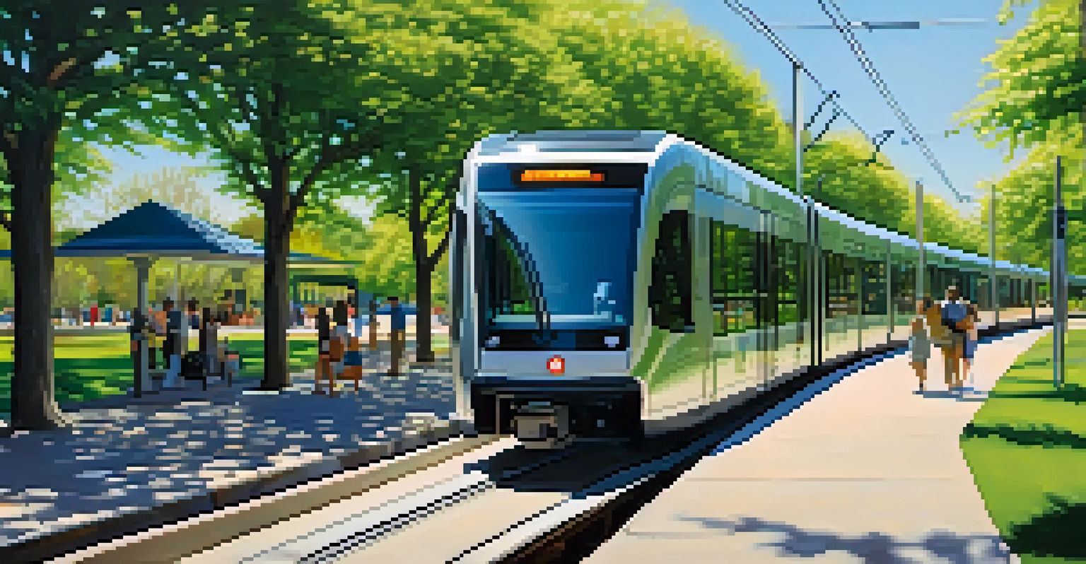 The Lynx Blue Line light rail train in a vibrant park, with trees and passengers at a sunlit station, showcasing modern transit in nature.