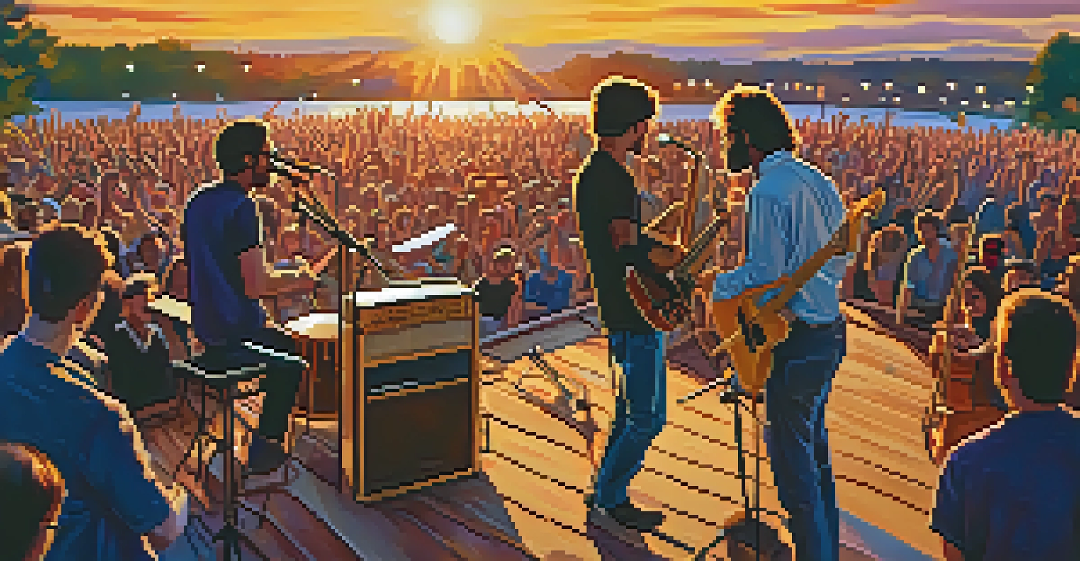 A close-up of a local indie band performing at a music festival, with warm lights and an engaged audience under a golden sunset.