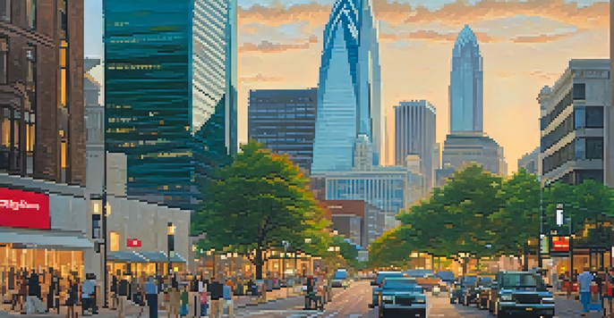 A vibrant cityscape of Charlotte during sunset with diverse professionals walking on a busy street, featuring skyscrapers and greenery.