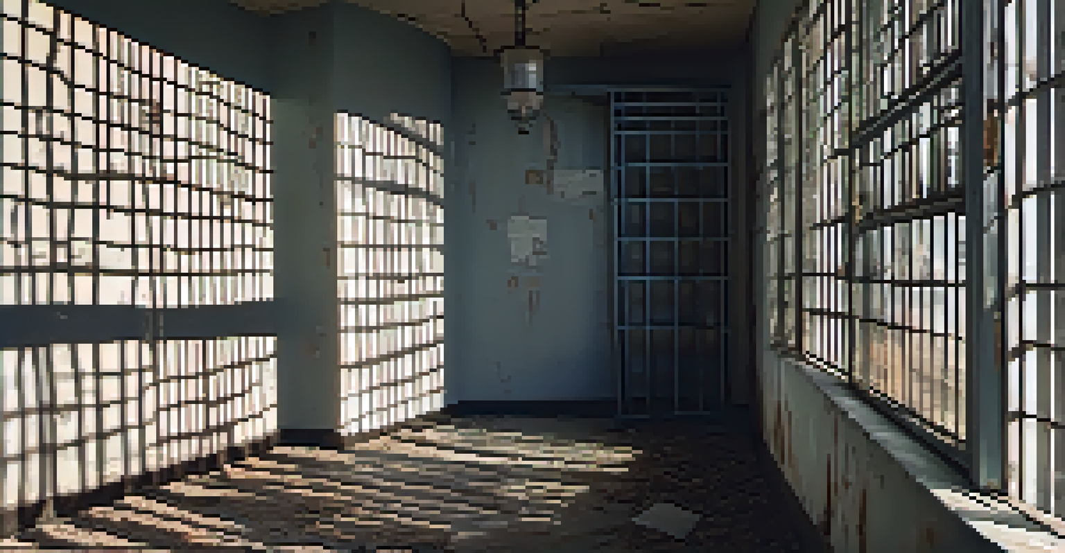 A close-up of an empty jail cell inside the Old Charlotte Jail, featuring peeling paint, rusty bars, and a faintly lit ambiance.