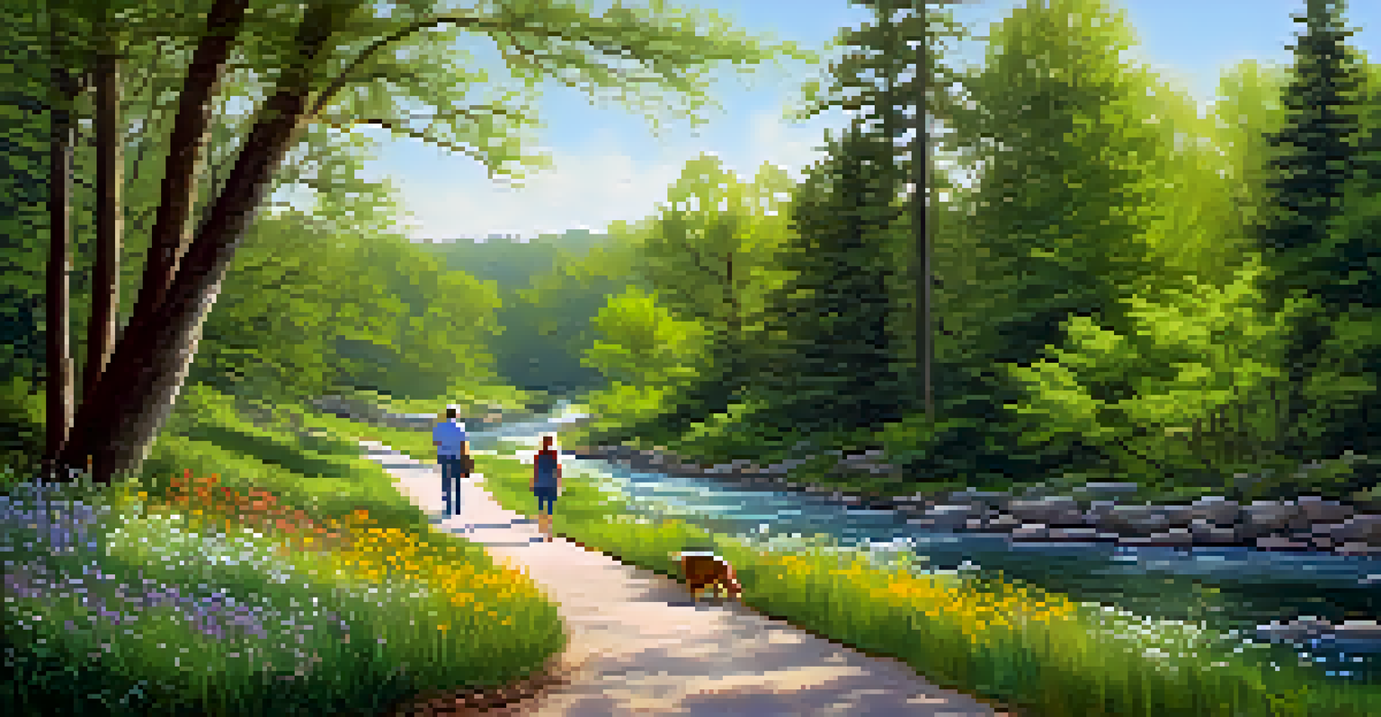 A winding trail in McAlpine Creek Park with a family walking, surrounded by trees and wildflowers, under the soft morning light.
