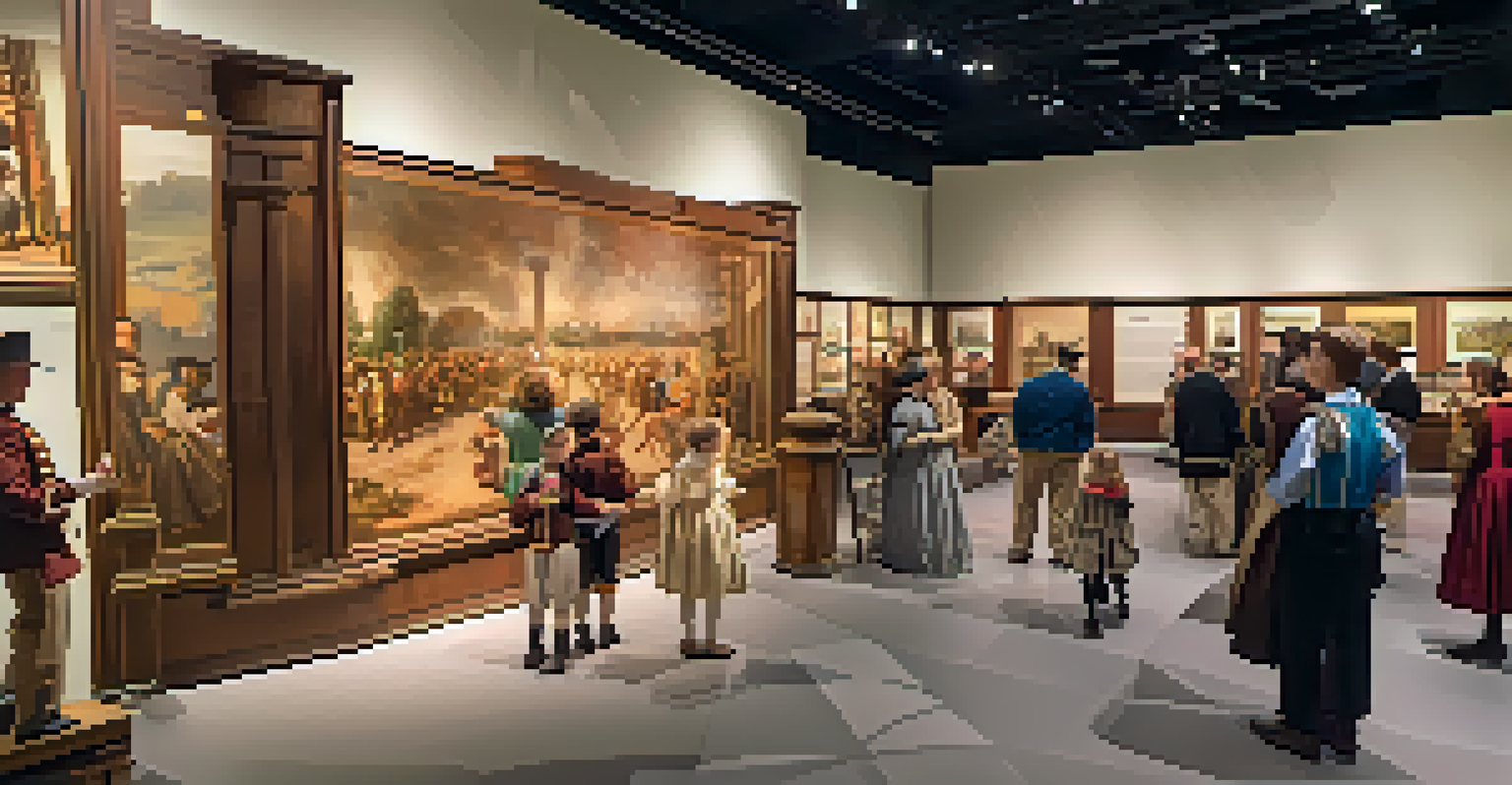 Families participating in a historical reenactment within a museum exhibit, with artifacts and images on display.